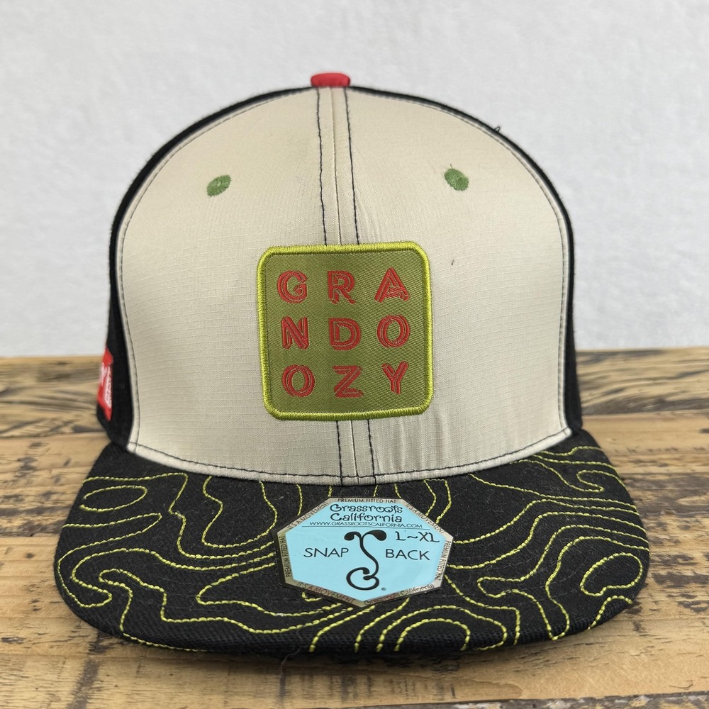Grandoozy Hat‎ Cap Snap Back Mens L XL Black Tan Grassroots California Topo